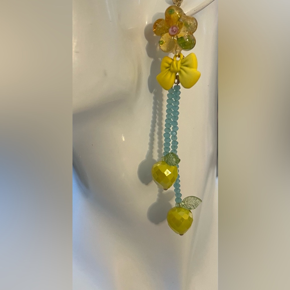 Pink Resin Daisy & Yellow Bow Blue Beaded with Lemon Charms Dangle Earrings